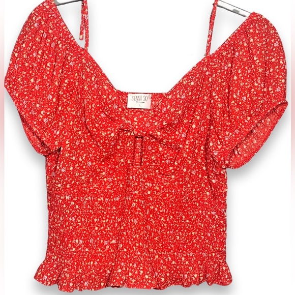 NWT Sienna Sky Puff Sleeve Off The Shoulder/Spaghetti Straps Blouse With Ruching - Picture 1 of 9